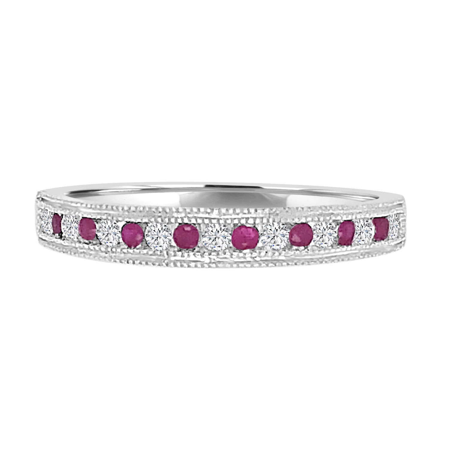 MRV 10kt white gold diamond and ruby band with milgrain edge on sides D tw 0.13, R tw 0.10
