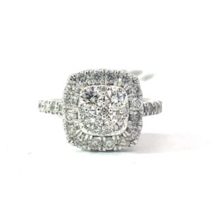 14kt white gold diamond cluster cushion ring D tw 1.38cts SI, H