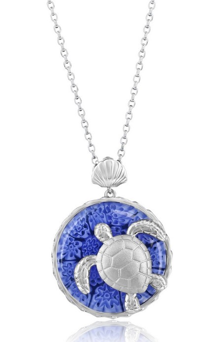 MK .jpg Sterling Silver rhodium plated Venitian Murano glass Turtle necklace on diamond cut 1.4mm cable chain 18"