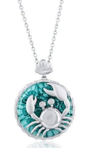Sterling Silver rhodium plated Venetian Murano Glass and cubic zirconia crab pendant on 1.4mm diamond cut cable chain 18"