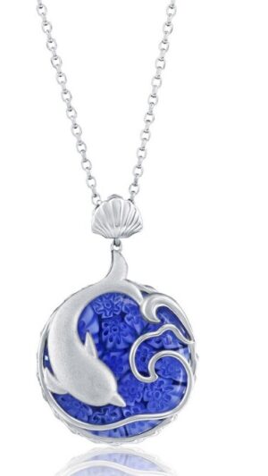 Sterling Silver rhodium plated Venetian Murano dolphine pendant on 1.4mm diamond cut cable chain 18"
