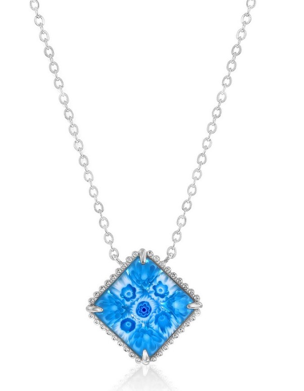 MM .jpg Sterling Silver Rhodium Plated Venetian Murano Glass Diamond shaped necklace on adjustable chain