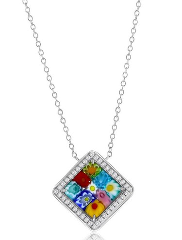 MM .jpg Sterling Silver rhodium plated Venetian Murano multi color diamond shaped pendant on adjustable chain