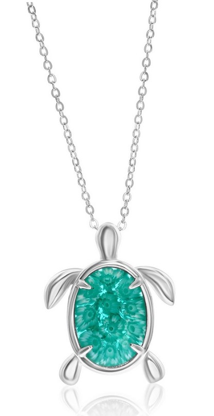 Sterling Silver Rhodium Plated Venetian Murano Turtle Hand Blown Glass Pendant on 18" link chain