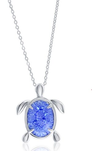 Sterling Silver Rhodium Plated Venetian Hand Blown Murano Blue Turtle Necklace on 18" link chain