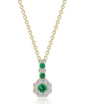 Sterling Silver gold plated lassire simulate diamond and emerald cluster flower pendant tw 0.58cts on 20" chain