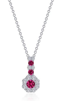 Sterling Silver rhodium plated lassire simulate diamond and lab grown ruby cluster flower pendant tw 0.58cts on 20" chain