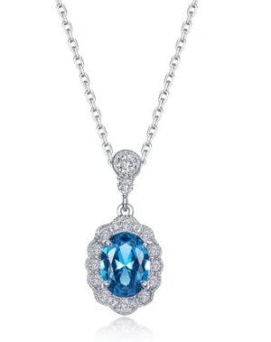 Sterling Silver platinum bonded lassire simulate diamond blue topaz drop halo pendant tw 1.67cts