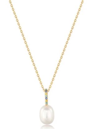 Sterling Silver multi color gem pearl drop pendant on adjustable chain