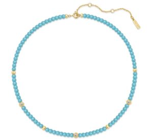 Sterling Silver gold plated lab created turquoise necklce with cubic zirconia stations adjustable