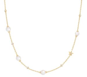 Sterling Silver gold plated pearl and star cubic zirconia station necklace