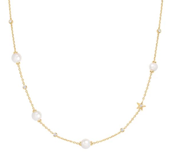 Sterling Silver gold plated pearl and star cubic zirconia station necklace