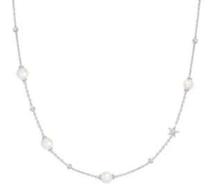 Sterling Silver pearl and star cubic zirconia station necklace on adjustable chain