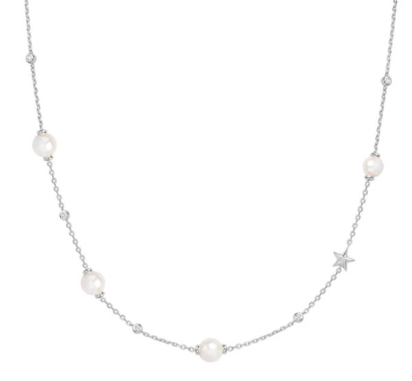 Sterling Silver pearl and star cubic zirconia station necklace on adjustable chain