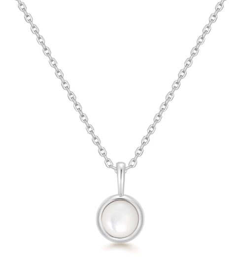 Sterling Silver rhodium plated mother of pearl circle disc necklace on adjustable chain