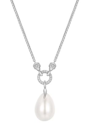 Sterling Silver linked shell pearl and cubic zirconia drop necklace