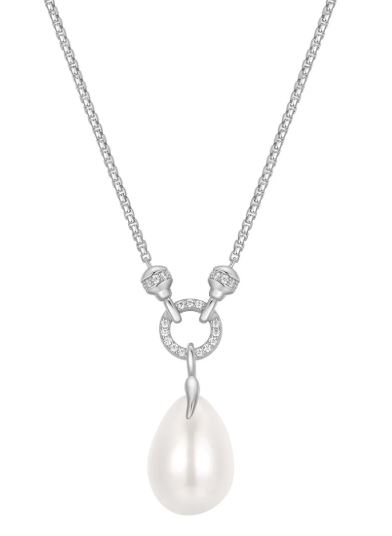 N H .jpg Sterling Silver linked shell pearl and cubic zirconia drop necklace