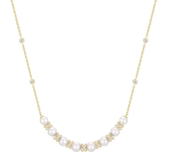N G .jpg Sterling Silver gold plated sparking braided shell pearl and cubic zirconia necklace