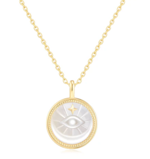 Sterling Silver gold plated evil eye mother of pearl medallion necklace