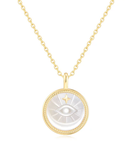 N G .png Sterling Silver gold plated evil eye mother of pearl medallion necklace