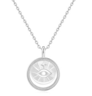Sterling Silver rhodium plated evil eye mother of pearl medallion necklace