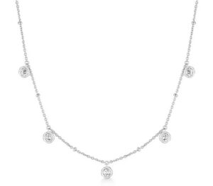 Sterling Silver rhodium plated molten bezel set droplet station necklace on adjustable chain
