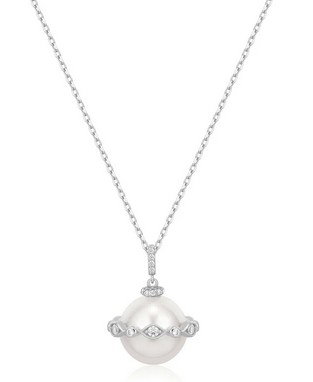 Sterling Silver rhodium plated freshwater pearl shell halo and cubic necklace on adjustable chain