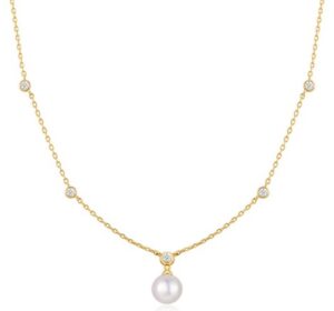Sterling Silver gold plated bezel set station necklace with freshwater pearl shell center