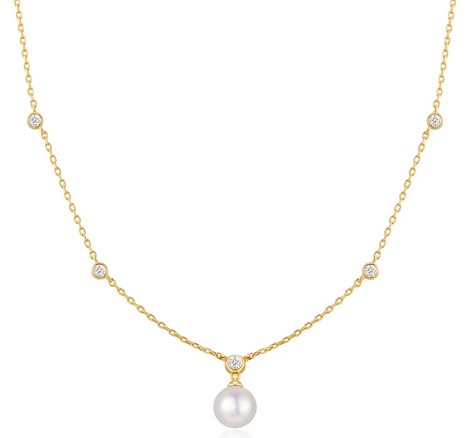 N G .jpg Sterling Silver gold plated bezel set station necklace with freshwater pearl shell center