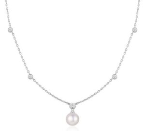 Sterling Silver rhodium plated bezel set station necklace with freshwater pearl shell center