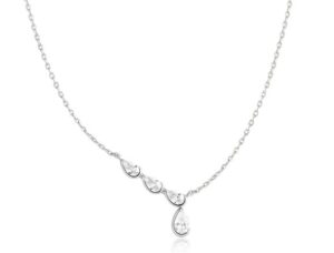 Sterling Silver Rhodium Plated half bezel angled teardrop cubic zirconia dangle necklace on adjustable chain