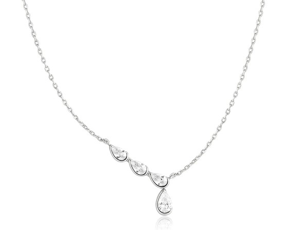 Sterling Silver Rhodium Plated half bezel angled teardrop cubic zirconia dangle necklace on adjustable chain