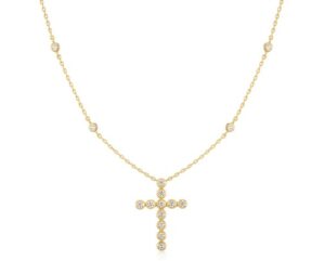 Sterling Silver Gold Plated Cubic Zirconia Bezel Set Station Cross Pendant On Adjustable Chain