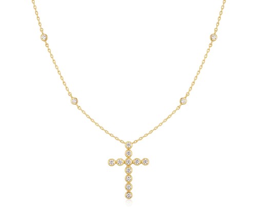 Sterling Silver Gold Plated Cubic Zirconia Bezel Set Station Cross Pendant On Adjustable Chain