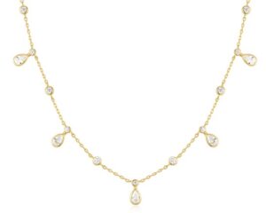 Sterling Silver Gold Plated Bezel Round And Teardrop Cubic Zirconia Drop Station Necklace On Adjustable Chain