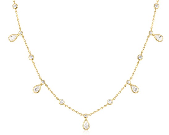 Sterling Silver Gold Plated Bezel Round And Teardrop Cubic Zirconia Drop Station Necklace On Adjustable Chain