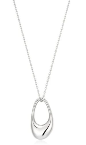 Sterling Silver Rhodium Plated hollow organic pebble necklace on adjustable diamond cut chain