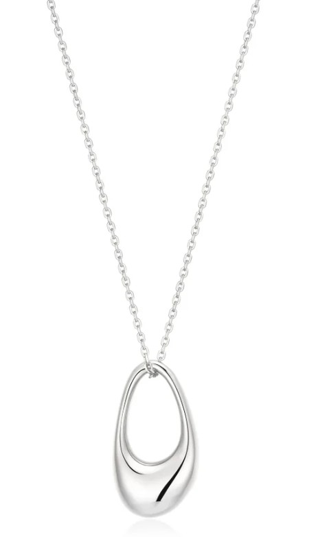 Sterling Silver Rhodium Plated hollow organic pebble necklace on adjustable diamond cut chain