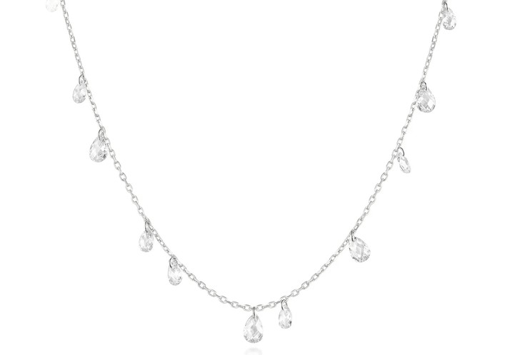 Sterling Silver Rhodium Plated Ethereal Teardrop Cubic Zirconia Dangle Station Necklace On Adjustable Chain