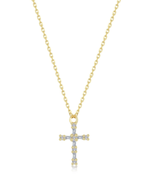 Sterling Silver gold plated dainty lassire simulated diamond baguette cross tw 0.16cts