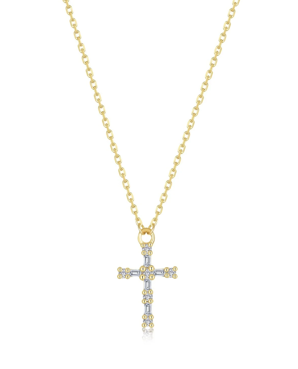 NCLG .png Sterling Silver gold plated dainty lassire simulated diamond baguette cross tw 0.16cts