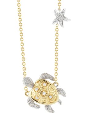 14kt two tone diamond turtle and starfish necklace moveable adju chain 18" tw 0.06cts SI, G/H