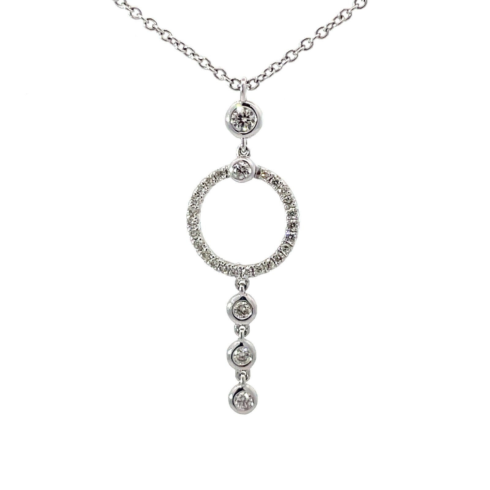 ND 14kt white gold diamond moveable circle pendant D tw 0.19cts SI, G/H on an adj. chain