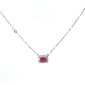 14kt white gold ruby and diamond pendant on diamond by yard chain R tw 0.71cts D tw 0.09cts