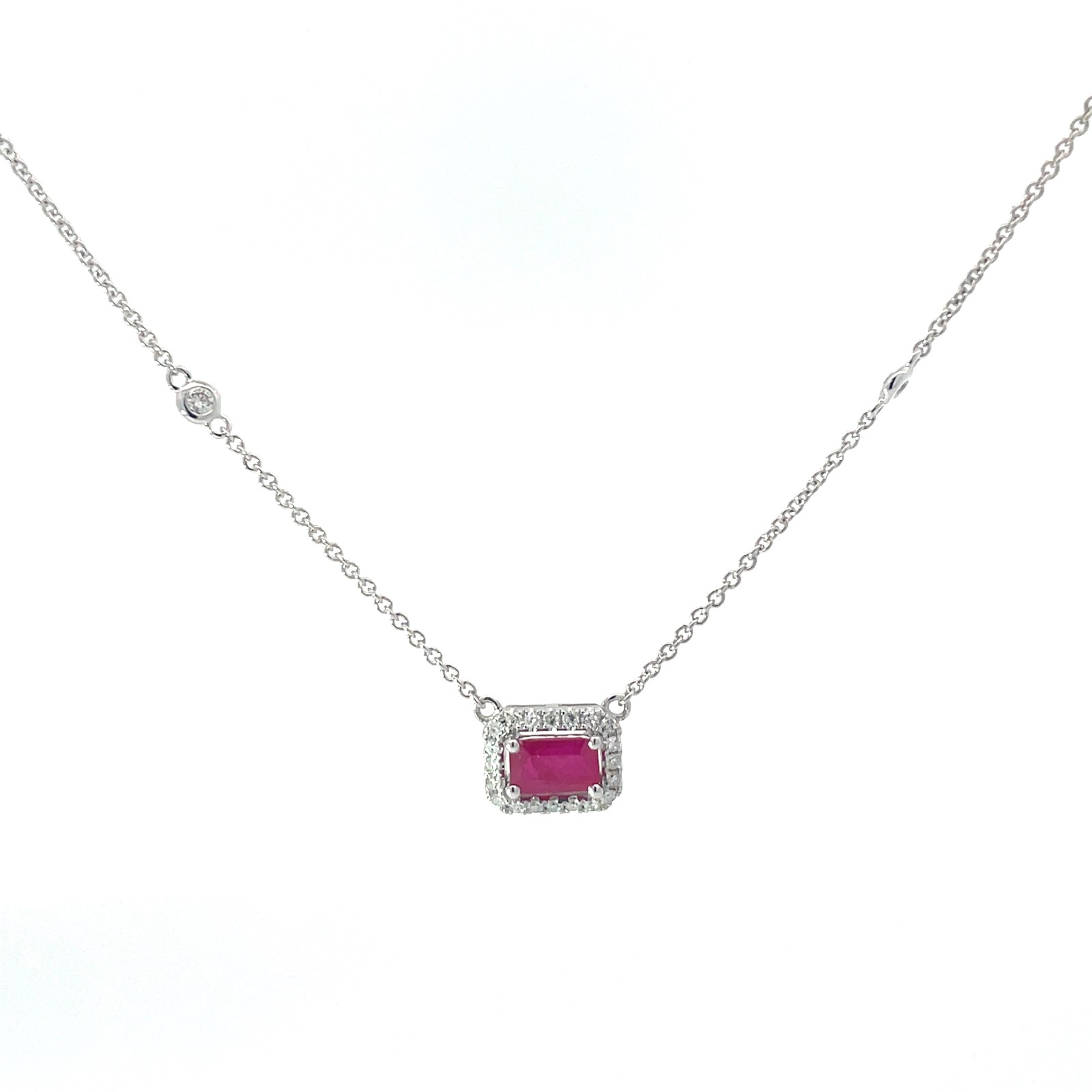 NDC 14kt white gold ruby and diamond pendant on diamond by yard chain R tw 0.71cts D tw 0.09cts