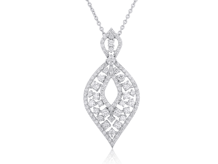 ND .jpg 14kt white gold fashion marquis shape diamond pendant on adj chain D tw 1.88cts VS2, near colorless G