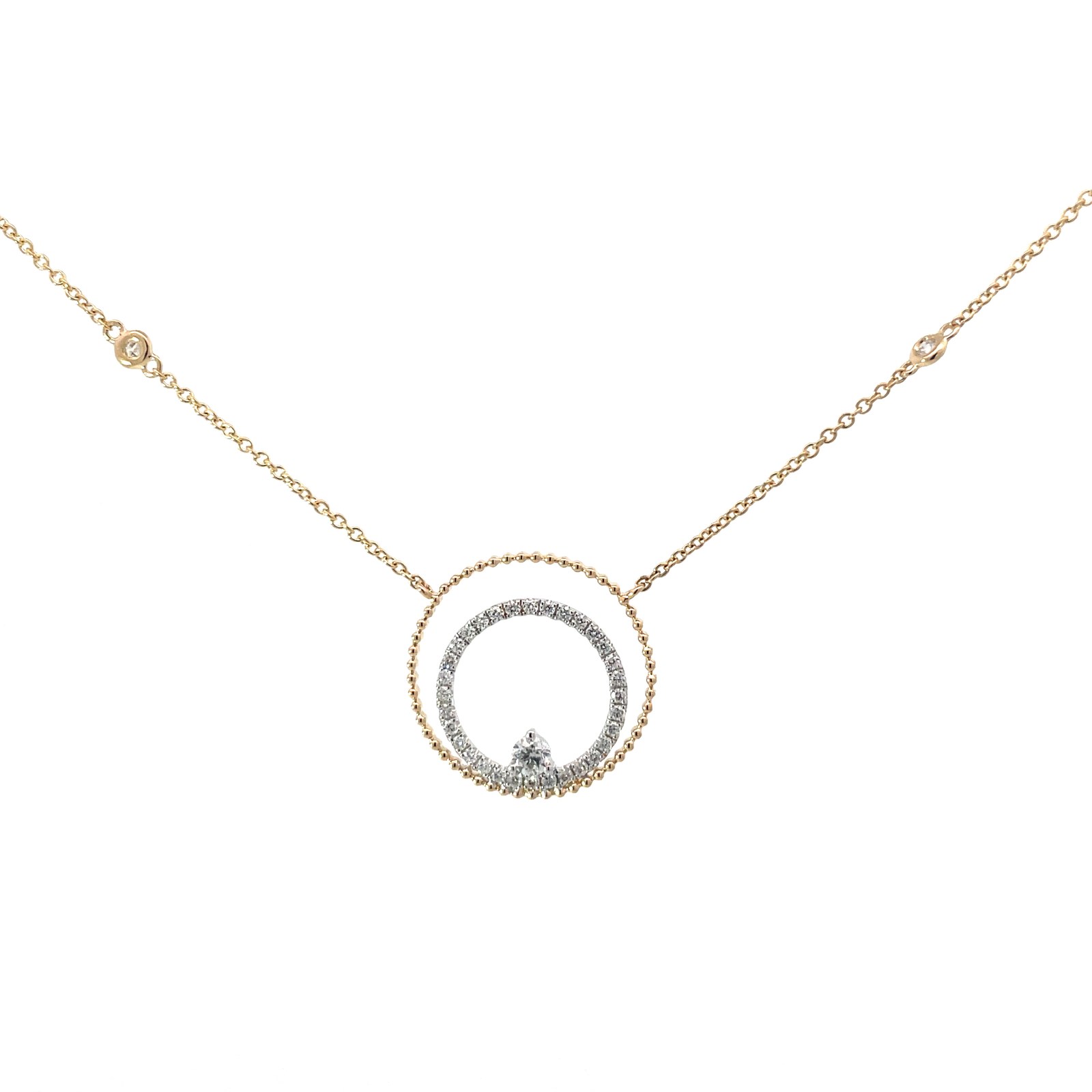 ND .jpg 14kt two tone diamond circle pendant D tw 0.36cts on diamond by yard necklace SI1/SI2 clarity, near colorless H color