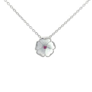 Sterling silver hand enamel white petal flower rubyl pendant on adjut chain rhod plated
