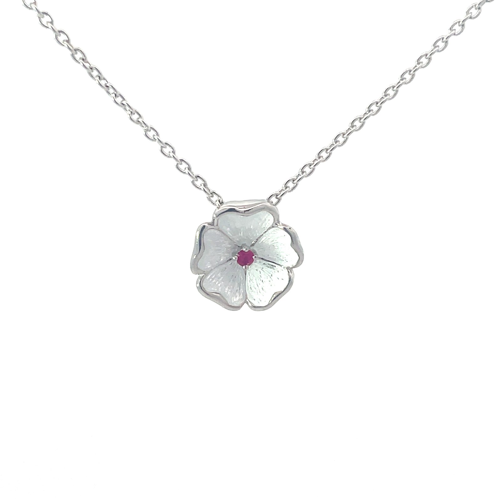 NNXC .jpg Sterling silver hand enamel white petal flower rubyl pendant on adjut chain rhod plated