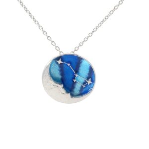 Sterling silver hand enamel blues star and moon necklace on adjustable chain rhod plated